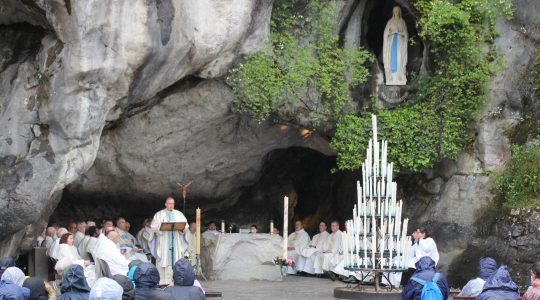 Grote groep pelgrims met mgr. Woorts in Lourdes